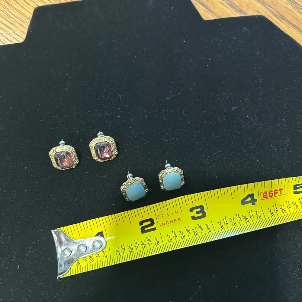 Two Pairs Vintage Art Deco Style Faceted Gold Rectangle Stone Pierced‎ Earrings